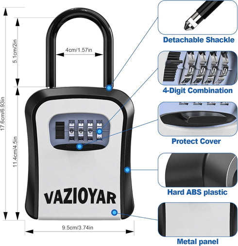 Key Lock Box for Outside, Portable Waterproof Wall Mounted Resettable 4-Digit Combination Key Storage Lockbox, 5 Keys Capacity Key Safe Lock Box f...