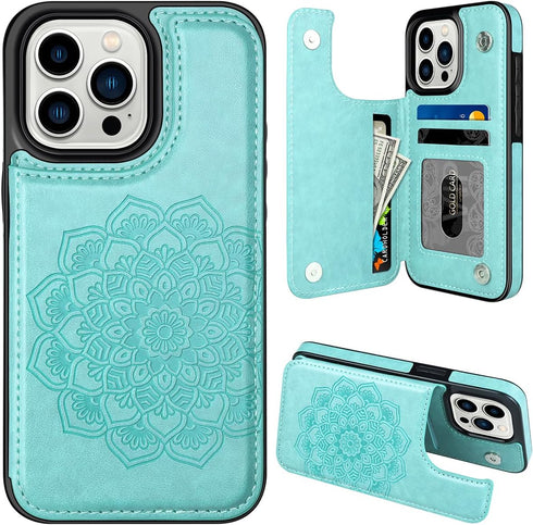 MMHUO for iPhone 15 Pro Case with Card Holder, Flower Magnetic Back Flip Case for iPhone 15 Pro Wallet Case for Women, Protective Case Phone Case ...