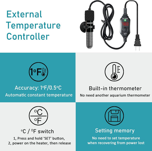Small Submersible Aquarium Heater,Adjustable Mini Fish Tank Heater 25/50/100/150/200/300 Watts with External Temperature Controller, LED Display, ...