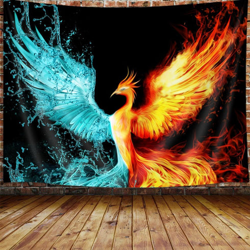 Fantasy Phoenix Tapestry, Water Ice and Fire Rising Phoenix Animal Anime Wall Hanging for Bedroom, Aesthetic Tapestry for Men Beach Blanket Colleg...