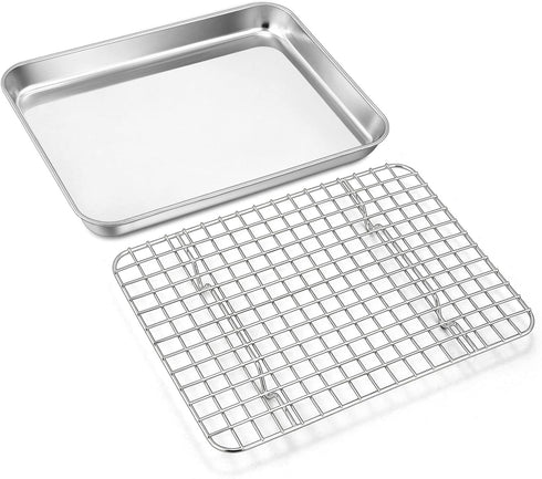 9 Inch Baking Tray Pan & Cooling Rack Set, Joyfair Stainless Steel Rectangular Toaster Oven Pan with Grid Rack for Cookies/Meats/Bacon, Non-toxic ...