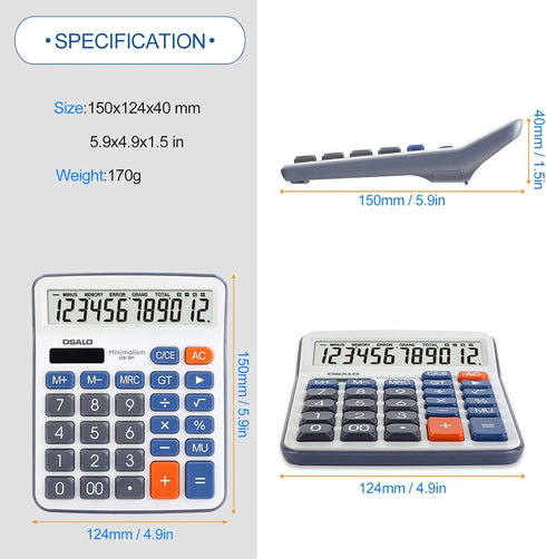 Desktop Calculator Large LCD Display 12 Digit Number Handheld Portable Pocket Basic Calculator with Big Soft Sensitive Button, Battery and Solar P...