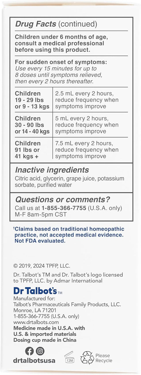Dr. Talbot's Pain + Fever Relief Liquid Medicine with Naturally Inspired Ingredients for Children, Includes Dosage Cup, Grape Juice Flavor, 4 Fl O...