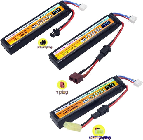 11.1V 35C 1500mAh SM-2P Plug Lithium Battery with T Plug Otamiya Plug Conversion line and USB Charging Cable for Air Gun Model Gun Rifle Remote Co...