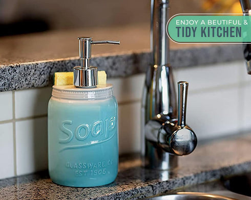 Mason Jar Kitchen Soap Dispenser & Sponge Holder - Sink Organizer - 14oz Kitchen Counter Liquid Soap Dispenser with Stainless Steel Pump, Blue Cer...