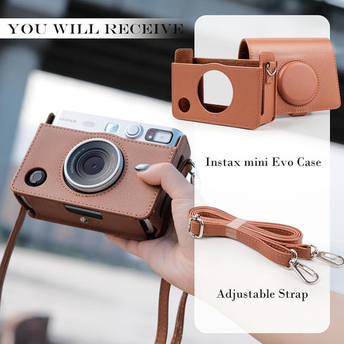 Rieibi Instax Mini EVO Case - Vintage PU Leather Protective Case for Fuji Instax Mini EVO Instant Camera - Removable Case with Adjustable Shoulder...