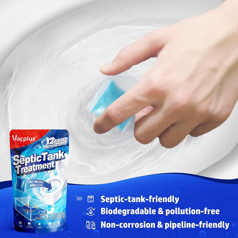 Vacplus Septic Tank Treatment 12 Pcs for 1-Year Supply, Dissolvable Packs with Easy Operation, Durable Biodegradable Enzymes for Wastes, Greases &...