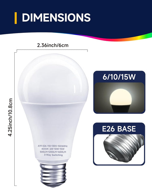 3 Way LED Light Bulbs, 3 Way Light Bulbs 30 70 100W Equivalent, Natural White 4000K Three Way A19 Light Bulbs, E26 Medium Base, 3-Way Light Bulbs ...