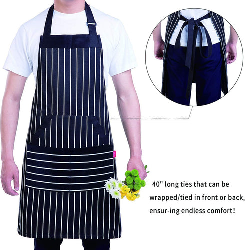 Kitchen Cooking Apron for Women and Men, Adjustable Chef Bib Apron with Pockets - 32" x 28" - Black/White Pinstripe- 1 Pcs...