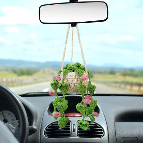 Crochet Hanging Plant for Car Cute Potted Plants Crochet Decor Car Mirror Hanging Accessories Rear View Ornament Hanging Boho Handmade Knitted Pen...