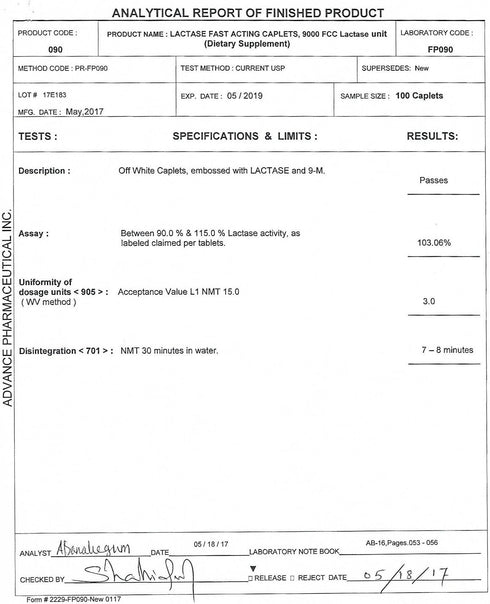 Fast Acting Lactase 180 Caplets Generic Lactase Fast Act 9000 FCC Units per Caplet...