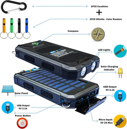 Solar Charger Power Bank 20000mAh, Portable Solar Pone Charger with Compass,Carabiner, Whistle,Flashlights,Solar Panel Charger,Camping Gear Access...