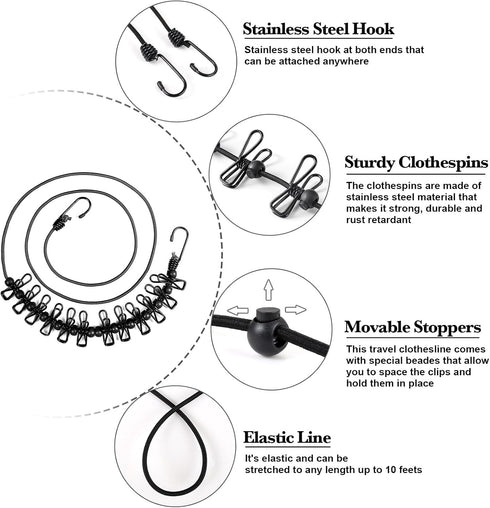 Travel Clothesline, Portable Retractable Clothesline with 12pcs Clothespins for Indoor Laundry Drying, Outdoor Camping Accessories, Black...