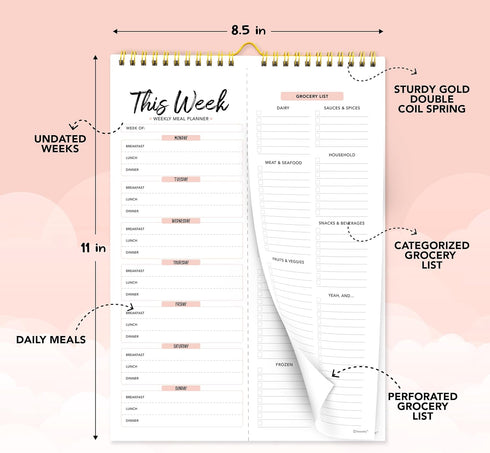Decorably Weekly Meal Planner with Grocery List Detailed - Meal Prep List - 52 Easy Tear-Off Sheets Refrigerator Meal Planner, 8.5x11in Spring-Bou...