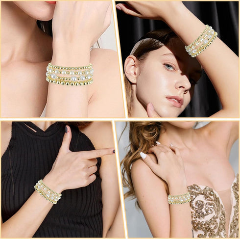 4 Pcs Pearl Gold Bracelet Stack Gold Plated Dainty Gold Pearl Bracelet Stackable Stretch Bead Ball Bracelet Set Bohemian Gold Beaded Bracelets Jew...