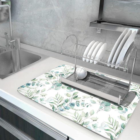 Watercolor Sage Leaves Dish Drying Mats for Kitchen Counter 16x18 Inch,Spring Leaves Kitchen Drying Mat,Sage Herbs Dishes Pad Dish Drainer Rack Ma...