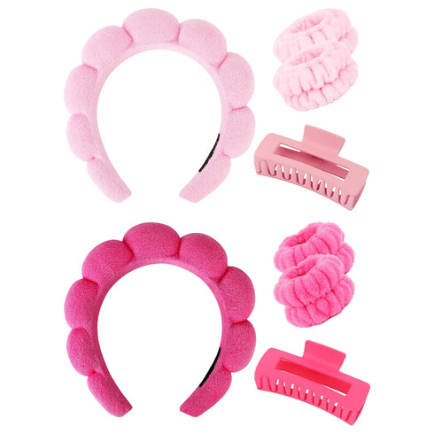 Wecoe Pink Rose Red Spa Headband And Wristband Set Skincare Headband For Washing Face Hair Claw Clips For Thick Hair Cute Puffy Sponge Bubble Make...