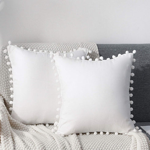 CAWANFLY Set of 2 Decorative Throw Pillow Covers with Cute Pom Pom, Square Soft Cushion Case Home Decor for Couch Sofa Bed 18x18Inch/45x45 cm (Whi...