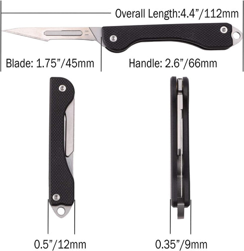 Samior S12 Mini SlipJoint Scalpel Folding Pocket Knife with 10pcs #11 Replaceable Blade, Black G10 Handle Utility EDC Keychain Knife for Box Cutti...