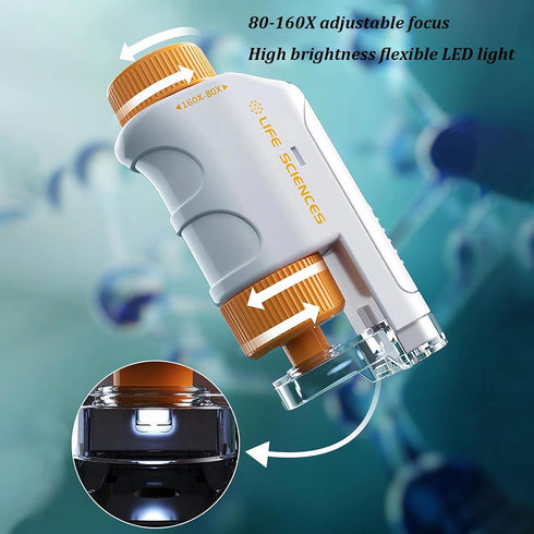 Portable Pocket Microscope MiniLabsters Handheld Miniscope 80X-160X LED Light with Sliders Kit for Kids (Blue)...