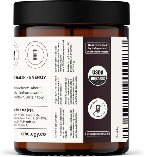 Erbology Organic Jerusalem Artichoke Powder 3.2 oz - 45 Servings - Sunchoke - 50% Prebiotic Inulin Fiber - Supports Gut Health and Promotes Divers...