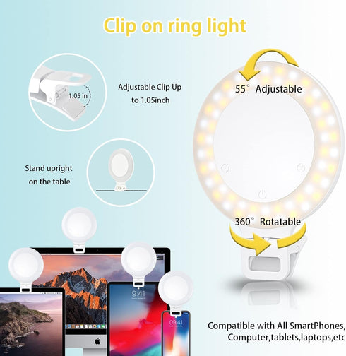 Selfie Ring Light, Clip on Ring Light Touch Control, Rechargeable 800mAh 60 LED Circle Light with 3 Light Modes for iPhone/Android Smart Phone Lap...