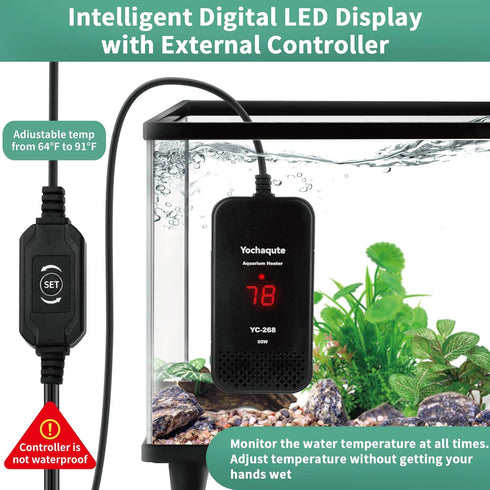 Aquarium Fish Tank Heater: 50 Watt Submersible Small Betta Heater with LED Temperature Display Adjustable External Controller for 1-10 Gallon Salt...