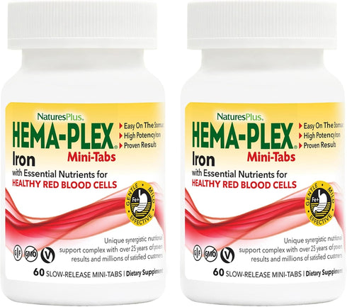 NaturesPlus Hema-Plex Iron - 60 Mini-Tabs, Pack of 2-85 mg Elemental Iron + Vitamin C & Bioflavonoids for Healthy Red Blood Cells - Vegan, Gluten ...