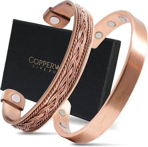 Copper Bracelets- for Men and Women| Set of 2 with Gift Box| Gift for Women & Men| Handmade 100% Copper (Plain and Inlay)...