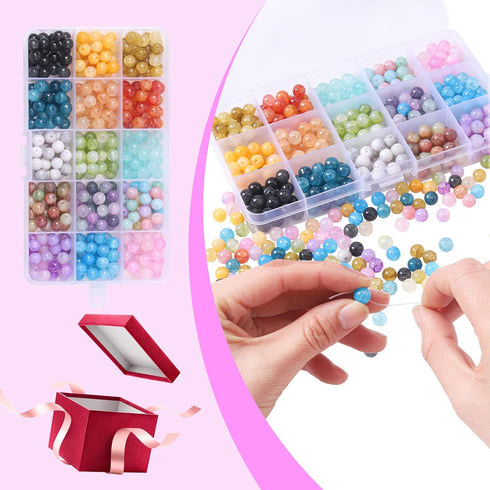 Round Glass Beads for Jewelry Making,8mm Crackle Glass Beads 15 Colors Smooth Crystal Beads Bracelet Making Kits with Elastic Thread for Bracelets...