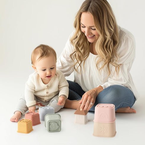 Baby Stacking Cups Toy, Silicone Stacking Tower, Silicone Soft Teething Toy Educational Baby Toys, Baby Building Toys Blocks, 6 Months+, 8 Pcs Set...
