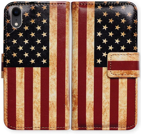 Case for iPhone XR, Retro American Flag Leather Flip Wallet Case Cover with Card Slot Holder Kickstand for iPhone XR Case...