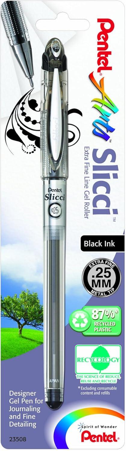 Pentel Arts Slicci 0.25 mm Extra Fine Gel Pen, Black Ink, 1 Pack (BG202BPA)...