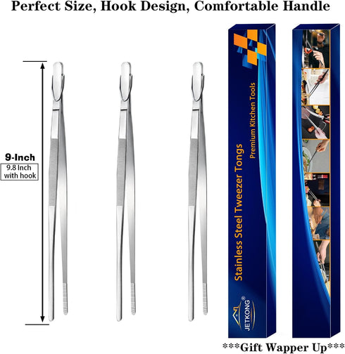 JETKONG Serving Tweezer Tongs 9-Inch Cooking Tweezers Kitchen Tweezers, Set of 3 (9 9 9 Inch, Silver)...