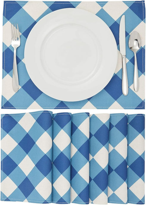 Set of 6 Blue and White Plaid Cloth Placemats, 16.5 x 12.6 Inches Burlap and Polyester Washable Table Mats with Buffalo Design, Farmhouse-Style Di...