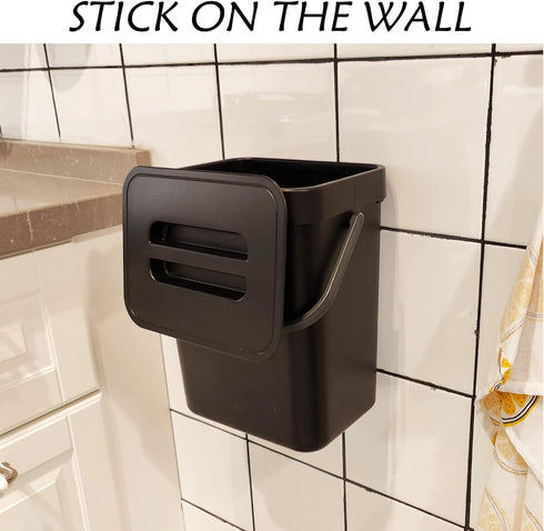 Kitchen Compost Bin for Countertop, Hanging Small Trash Can with Lid Under Sink for Kitchen Bathroom, Mountable Compost Bucket, Black...