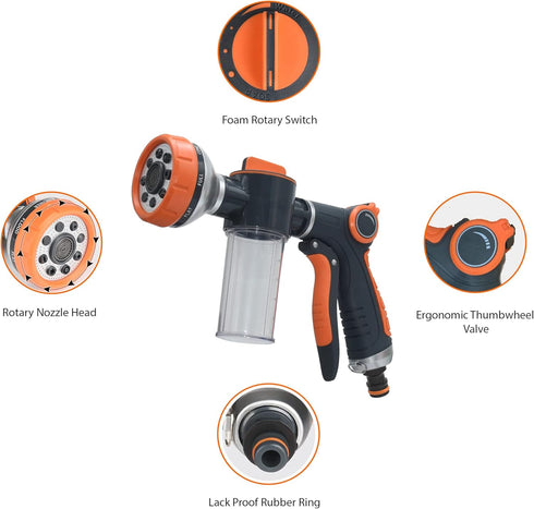 Garden Hose Nozzle with 8 Spray Patterns and 100cc Soap Dispenser Bottle - Ideal for Watering Plants, Car Wash, Pup Jet Dog Wash, Showering Pet, L...