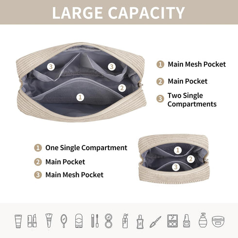 MAGEFY Makeup Bag for Purse, 2 Pcs Corduroy Cosmetic Bag for Girls Women Small Travel Makeup Pouch with Zipper(Beige)...