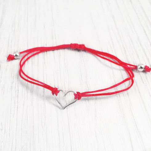 Red Womens Friendship Bracelet, Small Handmade Sterling Silver 925 Open Heart Shaped Charm, Pull Adjustable Kindred Cord Thread. Handmade Heart Gi...