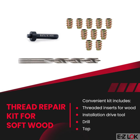 E-Z Hex Thread Repair Kit for Soft Wood Flush Threaded Inserts 10-24 x 13mm, Drill, Installation Tool...