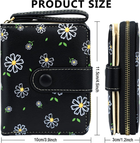 Cute Wallet Women Black Small Wallets Coin Purse Minimalist Flower Design Women's Travel Wallets Leather Credit Card Holder with ID Window Kawaii ...