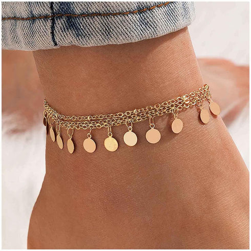 Boho Coin Anklet Bracelet Layered Coin Pendant Ankle Bracelet Vintage Disc Chain Anklet Gold Round Coin Disc Anklet Foot Chain Jewelry for Women...