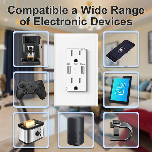 USB Wall Outlet Receptacles 5.0A, Electrical Outlets Duplex 15A Tamper Resistant with 2 High Speed USB Ports for iPhone, Samsung Galaxy S9, USB De...