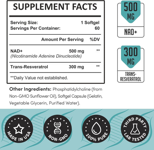 Liposomal NAD+ 800 mg with Trans-Resveratrol 300 mg, Max Absorption, Actual NAD+ Boosting Supplement for Healthy Aging, Cellular Energy, DNA Repai...
