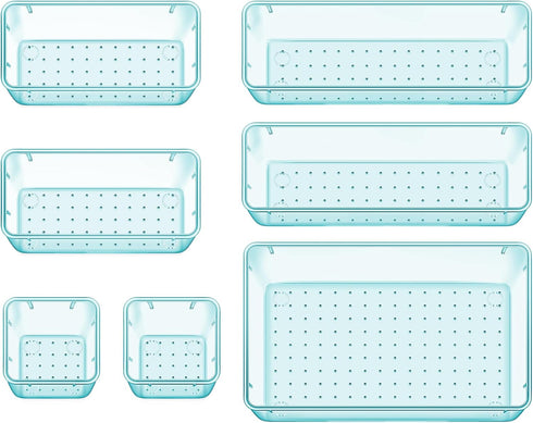 7 PCS Clear Plastic Drawer Organizers Set, 4 Size Desk Drawer Organizer Trays for Makeup, Jewelry, Kitchen Utensils, Gadgets and Office Accessorie...