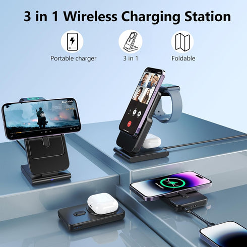 3 in 1 Wireless Charging Station, for Mag-safe Charger Stand for iPhone 15 14 13 12 Series, 5000mAh Portable Charger for Apple Watch Airpod, Trave...