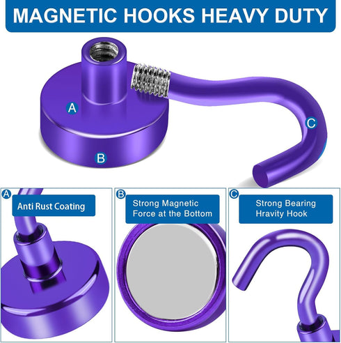 LOVIMAG Magnet Hooks, Strong Magnets,80Lb Magnetic Hooks Heavy Duty, Purple Strong Magnetic Hooks for Cruise Cabins,Magnetic Hooks for Refrigerato...