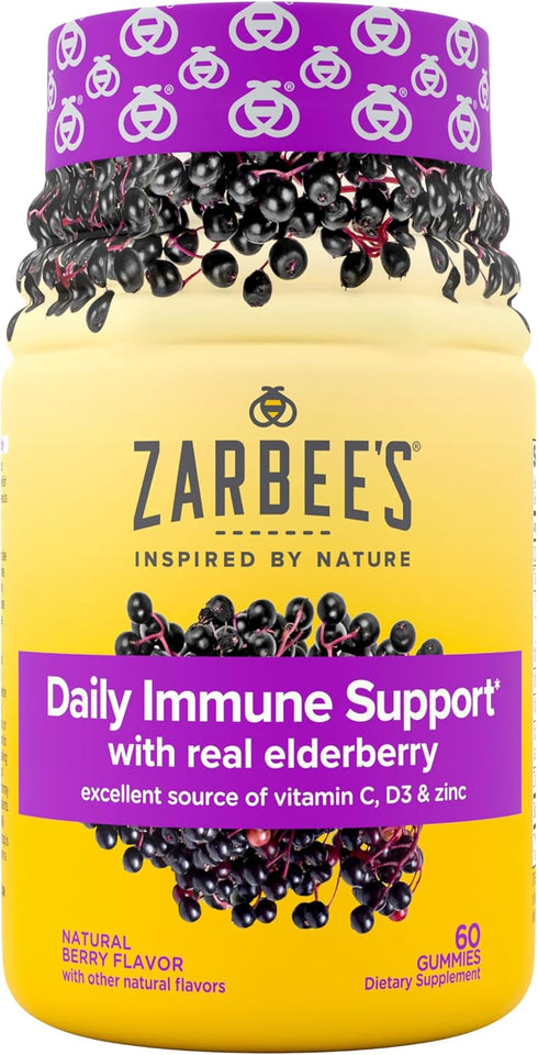 Zarbee's Elderberry Gummy Daily Immune Support Supplement with Vitamins A, C, D, E & Zinc, Black Elderberry Fruit Extract, Natural Berry Flavor, 6...