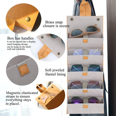 Sunglass Case for Men or Women Hard Multi Eyeglasses Case Box Portable 5 Slot Glasses Organizer Holder Eyewear Bag (Light brown-gray inside)...