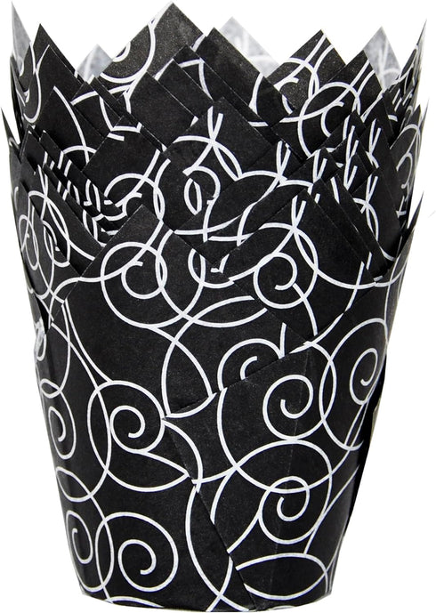 Muffin Greaseproof paper Baking cupcake cups, 2"(Bottom diameter) x 3-1/2"(Height) Black Fancy Floral Print Tulip Baking Cup Case of 125 pcs (125,...